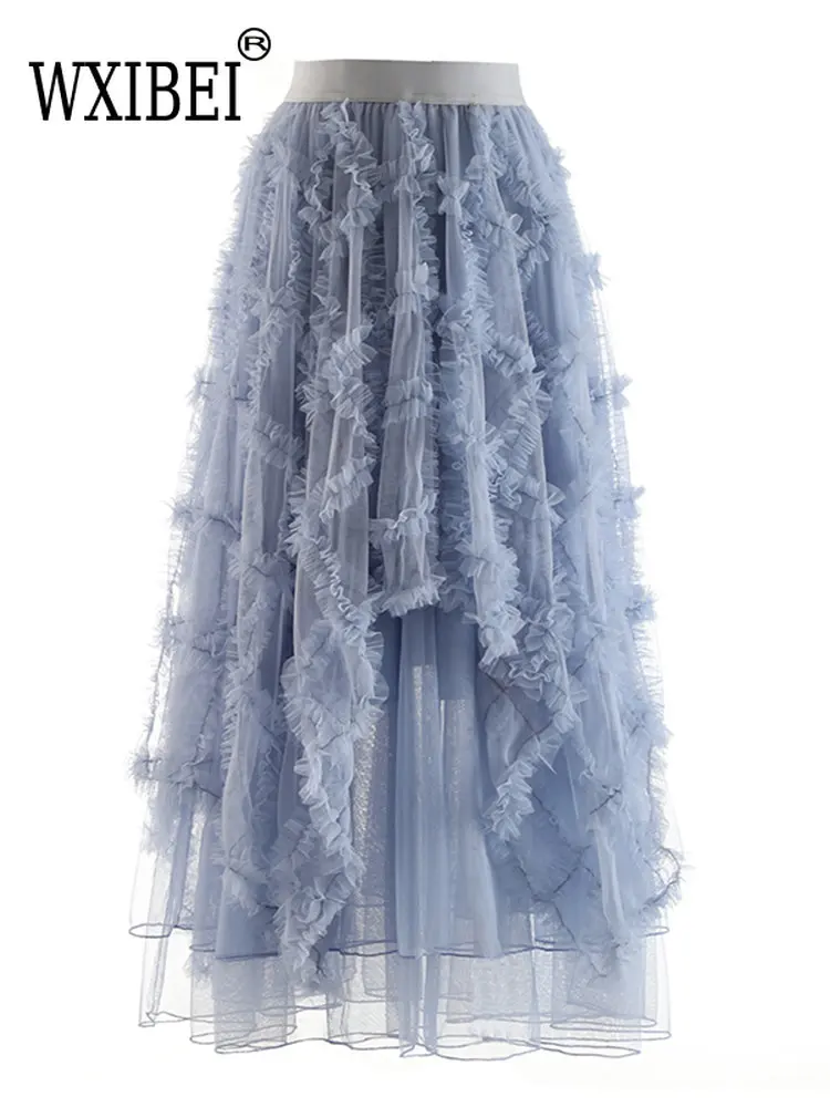 

WXIBEI Frill Trim Sweet Midi Skirt For Women High Waist A Line Patchwork Mesh Solid Skirts Female Clothing Summer New 2022 FC119