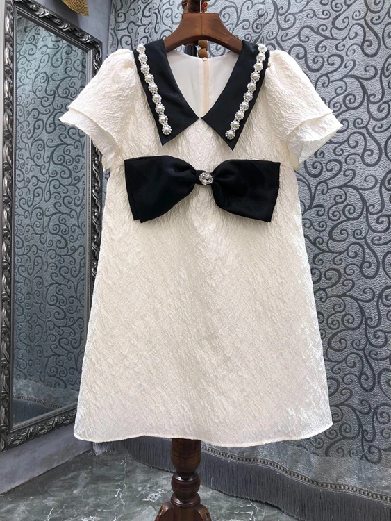 

2022 new women fashion pearl edge lapel bow jacquard silhouette elegant high-end dress 068