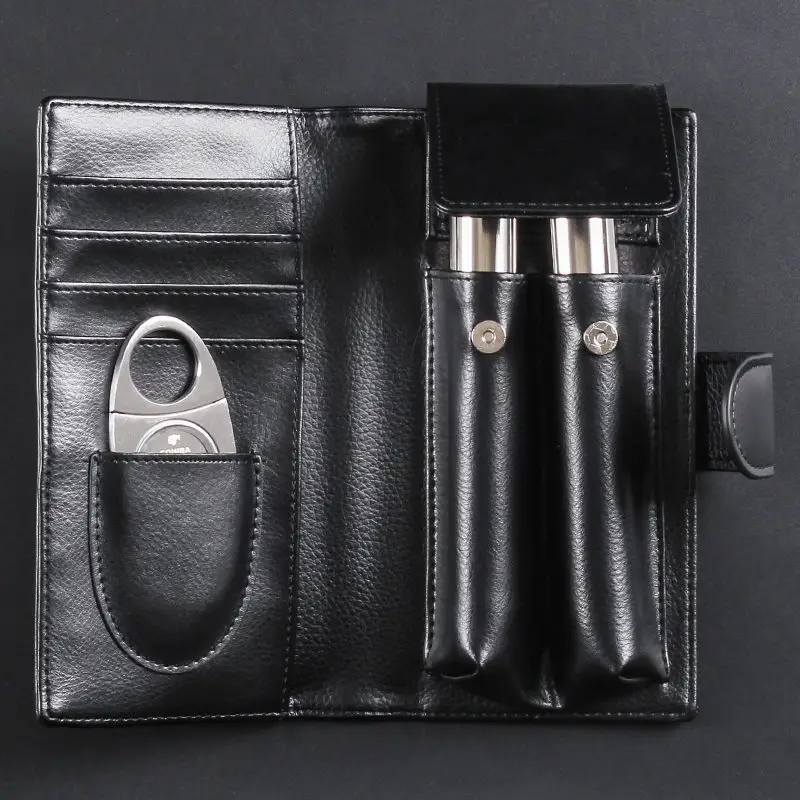 Cigar Set Stainless Steel Cigar Tube Cutter Black Leather Holder Tobacco Accessories Smoking Set Fathday's Day Gift For Him