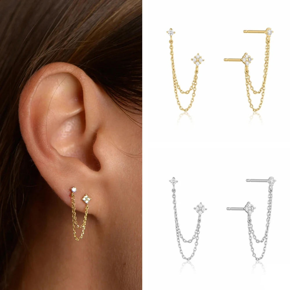 New Arrival Double Ear Studs Tassel Chains Hanging Earrings for Women Ear Piercing 3 Metal Color Luxury CZ Hot Jewelry