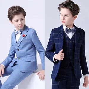 Spring Big Boys Top Quality Plaid Wedding Suit Teenager Kid Formal Tuxedo Bowtie Dress Children Blaz