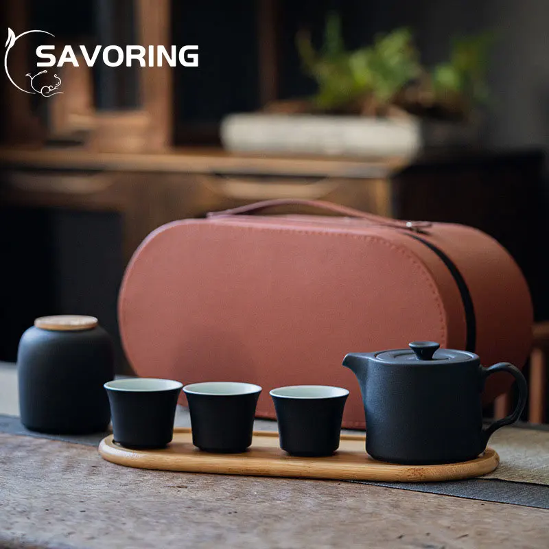 

Portable Black Pottery Ceramic Tea Set Boutique Outdoor Camping Teapot 1 Pot 3 Cups Tea Tray Travel Kung Fu Tea Gift Packaging