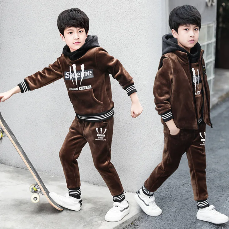 Boy Three-pieces  Fleece Suit  New Winter 2022 Children's Winter Velvet Vest Suits  Kids Clothes Boys