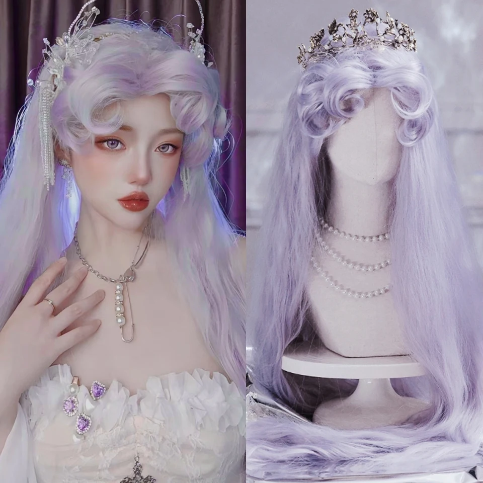 

Длинные волнистые фиолетовые косплей синтетические парики Лолита парик на Хэллоуин с челкой для женщин вечерние стойкие термостойкие парики для женщин