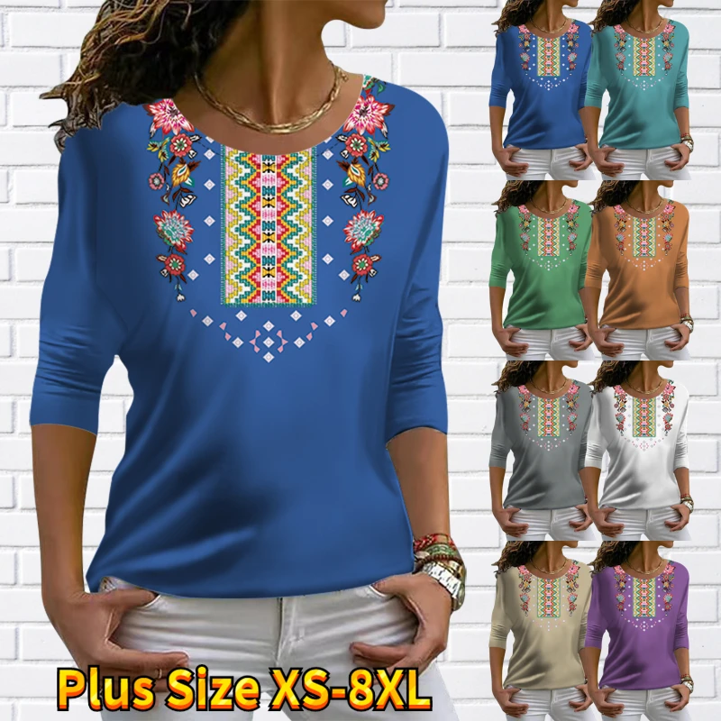 

2022 Round Neck New Design Printing T-shirt Everyday Street Fashion Tee Shirt Autumn Winter Women Retro Elegant Pullover Tops