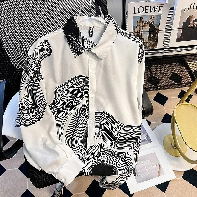 Рубашка мужская свободного кроя с длинным рукавом и квадратным воротником