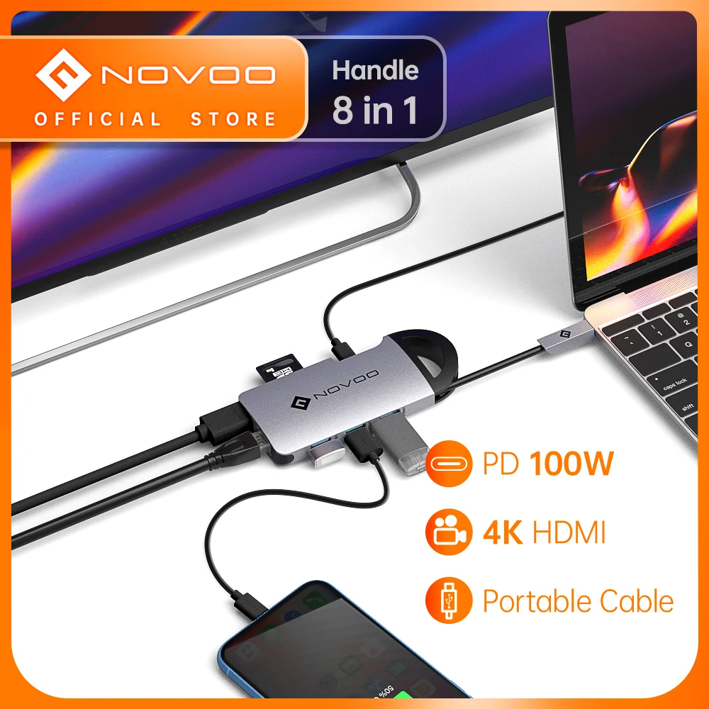 NOVOO 8 in 1 Type C to HDMI-compatible HUB USB 3.0 PD 100W Protable RJ45 SD Card Reader For MacBook Pro Air iPad Nintendo Switch