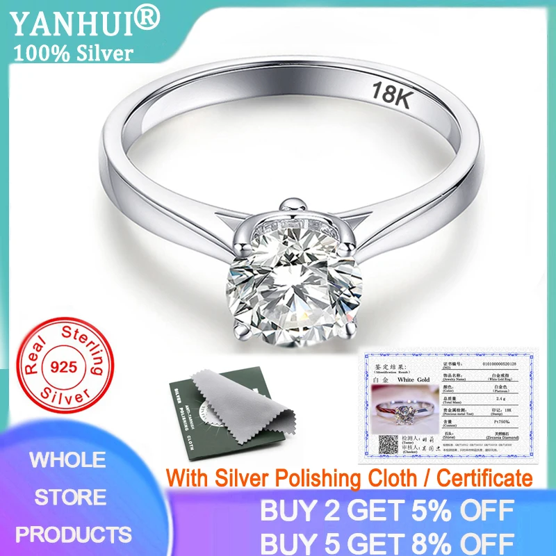 

YANHUI Have 18K LOGO Pure Solid White Gold Color Rings Luxury Round Solitaire 8mm 2.0ct Zirconia Diamond Wedding Rings For Women