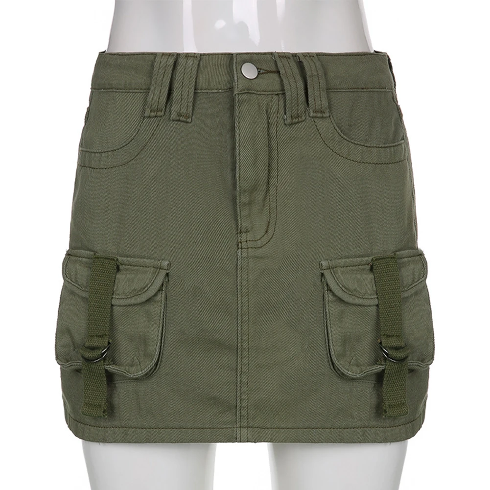 

Y2k Gray Green Jeans Skirts Pockets Bandage Low Waist Retro Zip Pencil Skirts