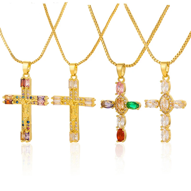 

1PC Colorful Cross Pendant brass gold-plated zircon accessory Virgin Mary Necklace