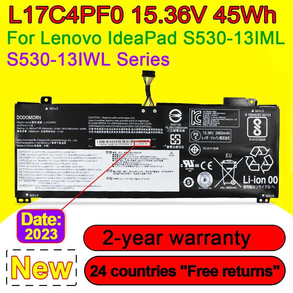

Аккумулятор L17C4PF0 для ноутбука Lenovo Xiaoxin Air 13IWL 13IML,Ideapad S530-13IWL L17M4PF0 5B10R38649 5B10W67314 15,36 в 45 Вт/ч