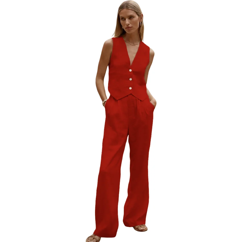 Summer Elegant Cotton Linen Women's Vest & Long Pants Set - Ideal for Office, Casual, Parties, Dances and Weddings