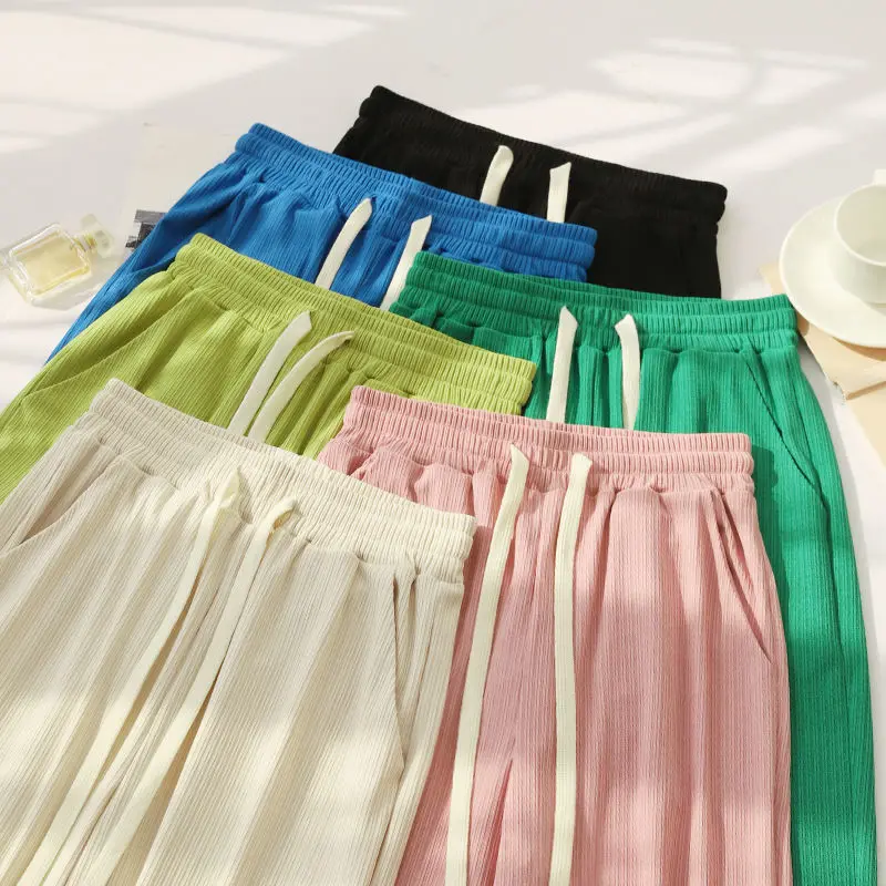

Spring Summer Wide Trousers for Women Soft High Waist Casual Straight Pants Basic Women's Green Pants Loose Elastic Waist Slacks