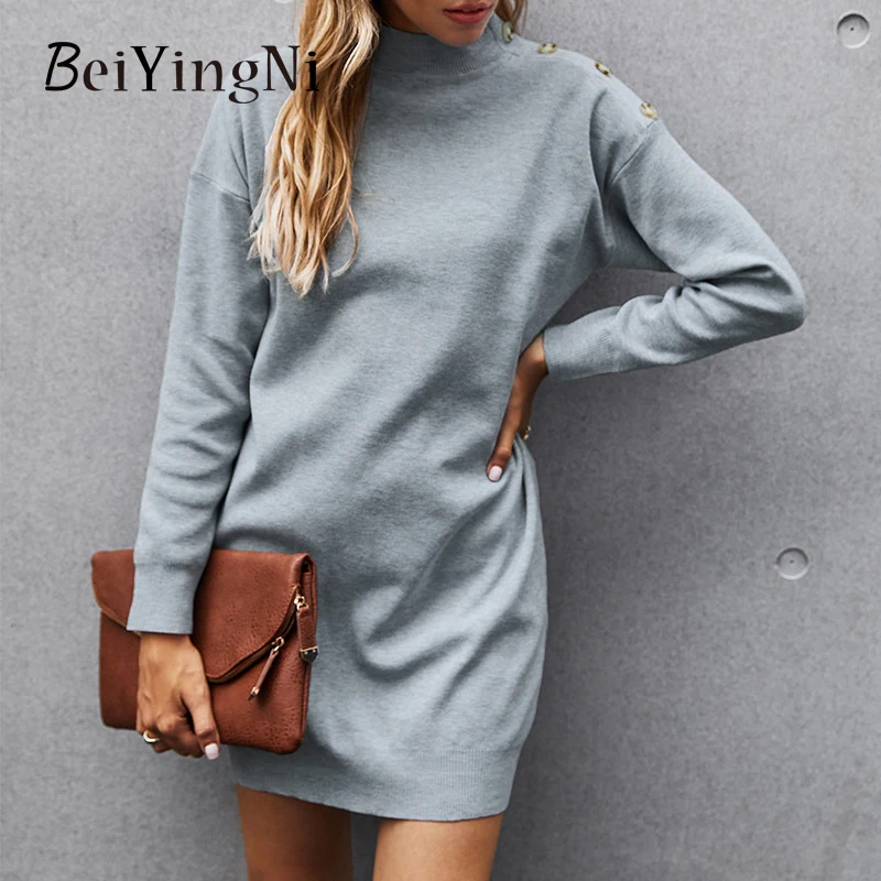 

Beiyingni Autumn Winter Women Dresses Half Turtleneck Solid Long Sleeve Straight Knitting Lady Dress Loose Casual French Vestido