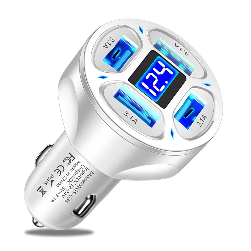 

Автомобильное зарядное устройство, быстрая зарядка, быстрая зарядка, 4 USB + 3,1 А, автомобильное зарядное устройство для мобильного телефона, адаптер для IPhone 16 Pro 15 Samsung Type C PD, зарядное устройство