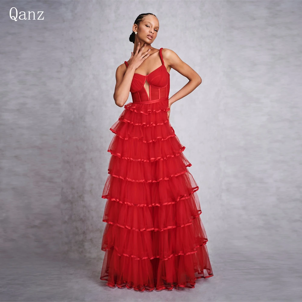 

Qanz Red Tulle Prom Dresses Spaghetti Straps Long A Line Tiered Pleat Floor Length Elegant Evening Dresses For Women Luxury