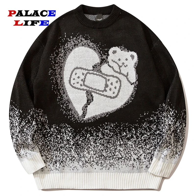 

Harajuku Fashion Casual Male Pullovers Clothing Autumn Men Knitted Jumper Sweaters Hip Hop Broken Heart Bear Streetwear