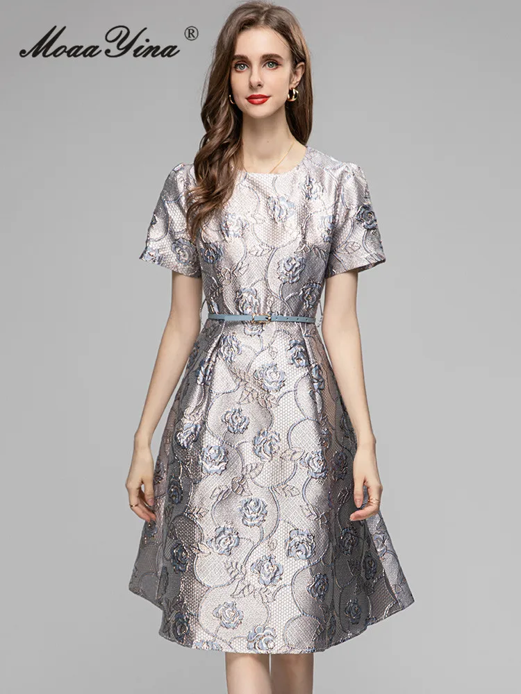 Женское винтажное жаккардовое платье MoaaYina серебристое облегающее миди с круглым