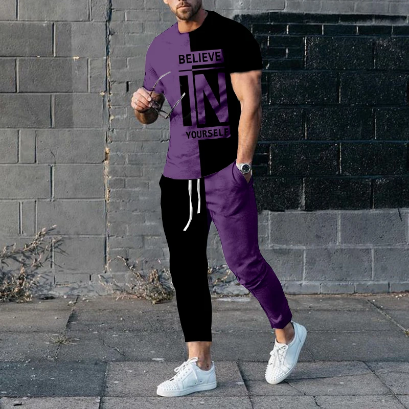 New Men's Summer T-shirt Suit Fashion Loose Casual Believe In Yourself Streetwear Oversized Outdoor Sportswear Suit