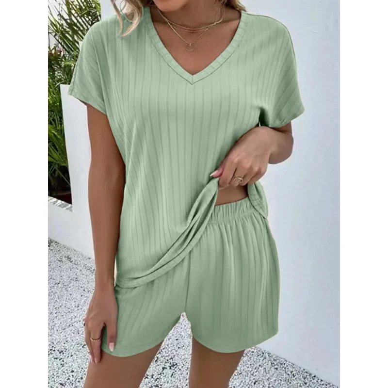 Women's Summer Shorts Set 2023 New Sexy V-Neck Solid Color Casual Loose Pullover Fashion Plus Size Two Piece Home Pajama T-Shirt