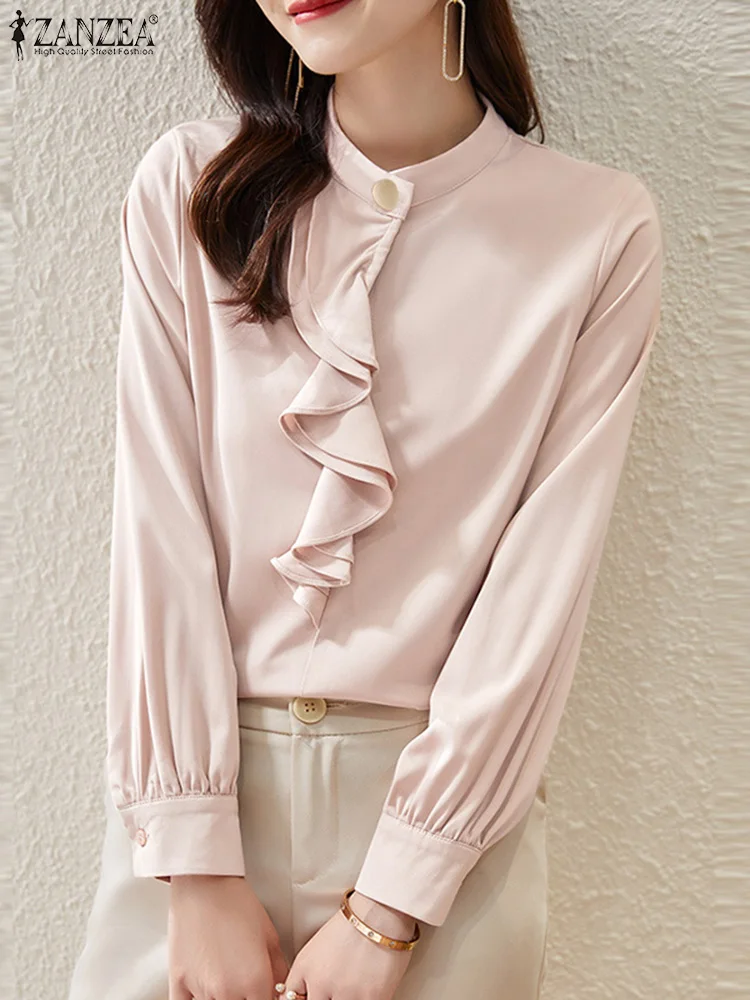 

ZANZEA Female Fashion Casual Loose Work OL Shirt Women Summer Vintage Blouse O-Neck Solid Color Puff Sleeve Button Tops 2022