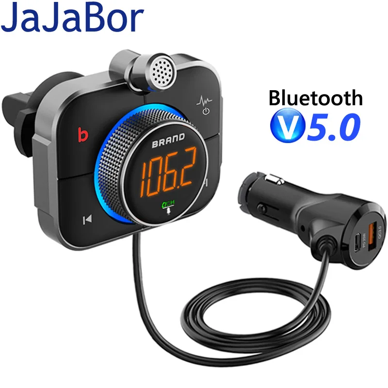 

JaJaBor FM Transmitter Bluetooth 5.0 Car Kit Handsfree AUX Audio Receiver Removable Mic QC3.0+PD 12W USB Charger Car MP3 Player