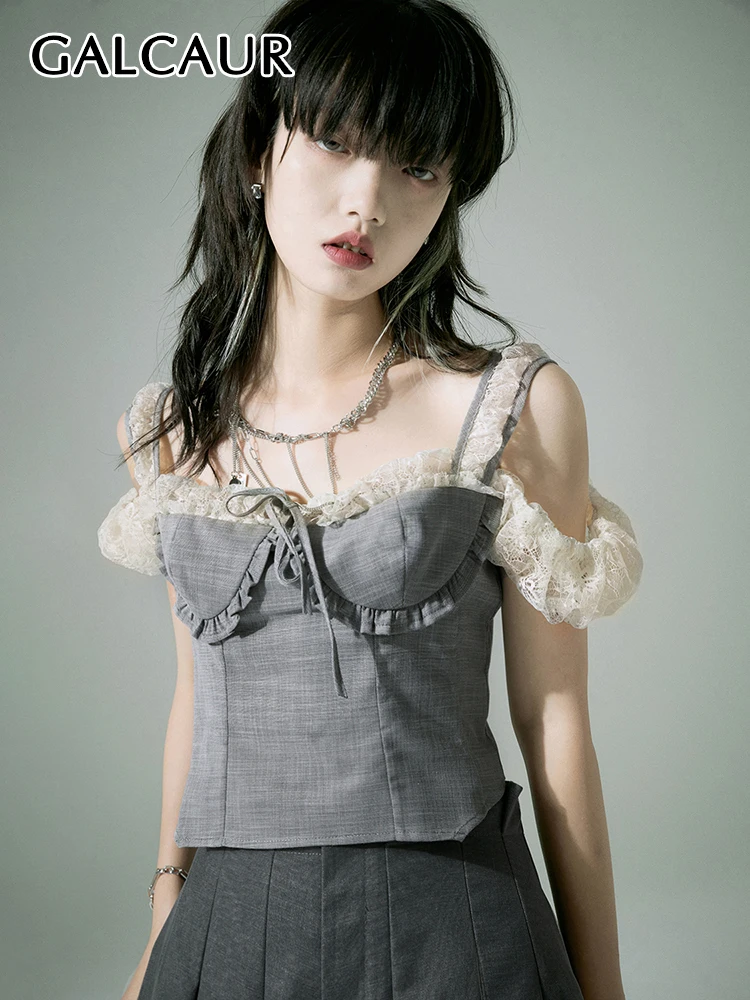 

GALCAUR Patchwork Lace Vest For Women Colorblock Off Shoulder Fold Pleated Vests Female Summer 2022 Clothing Style Fashion New