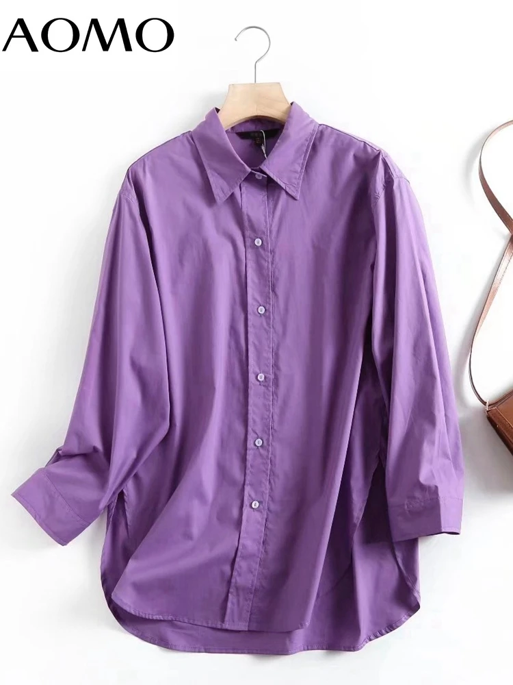 

AOMO 2022 Women Oversized Purple Cotton Blouse Long Sleeve Chic Female Office Lady Shirt 4C56A