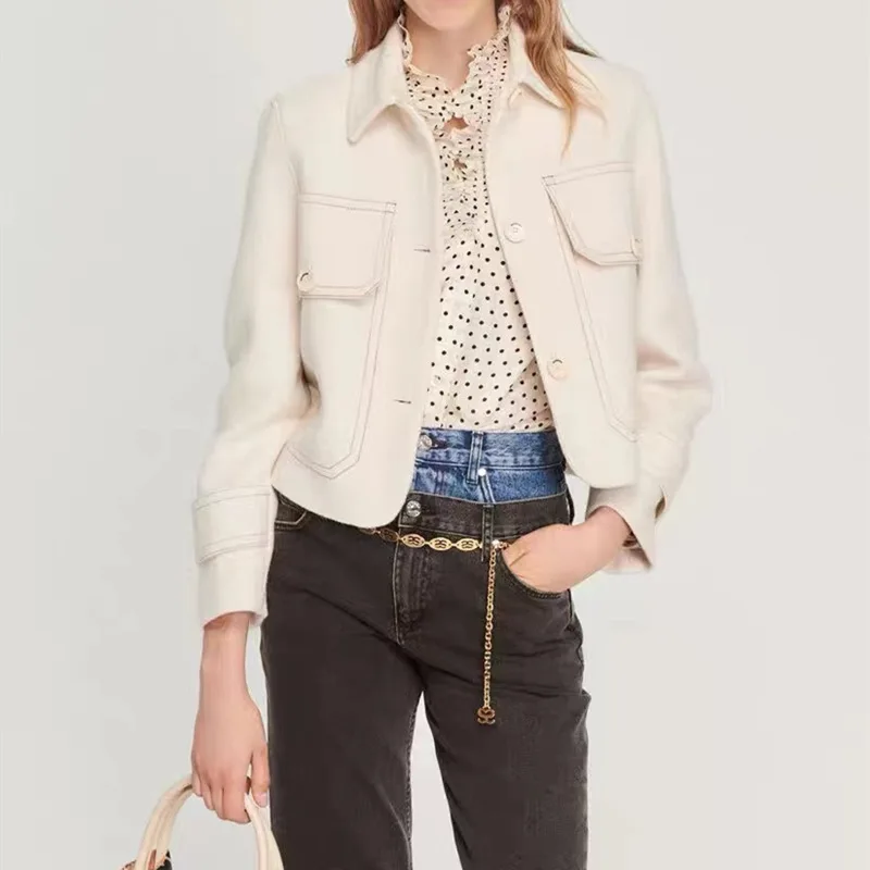 

Autumn Winter 2022 New Solid Color Lapel Double Pockets Tweed Short Jacket A-line Mini Skirt