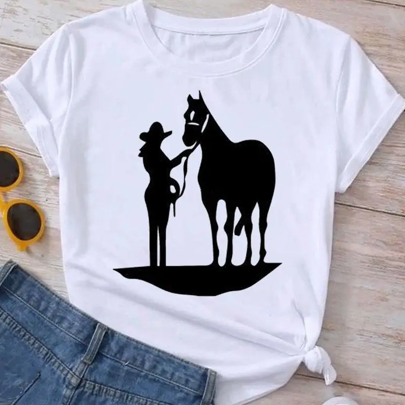 Футболка женская летняя с принтом лошади и коротким рукавом |