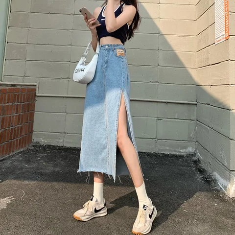 Y2k Skirt юбка Woman 2022 Denim Skirts Jupe Women Jeans High Waist Calf Length Blue / Black Summer Clothes Streetwear Dropship