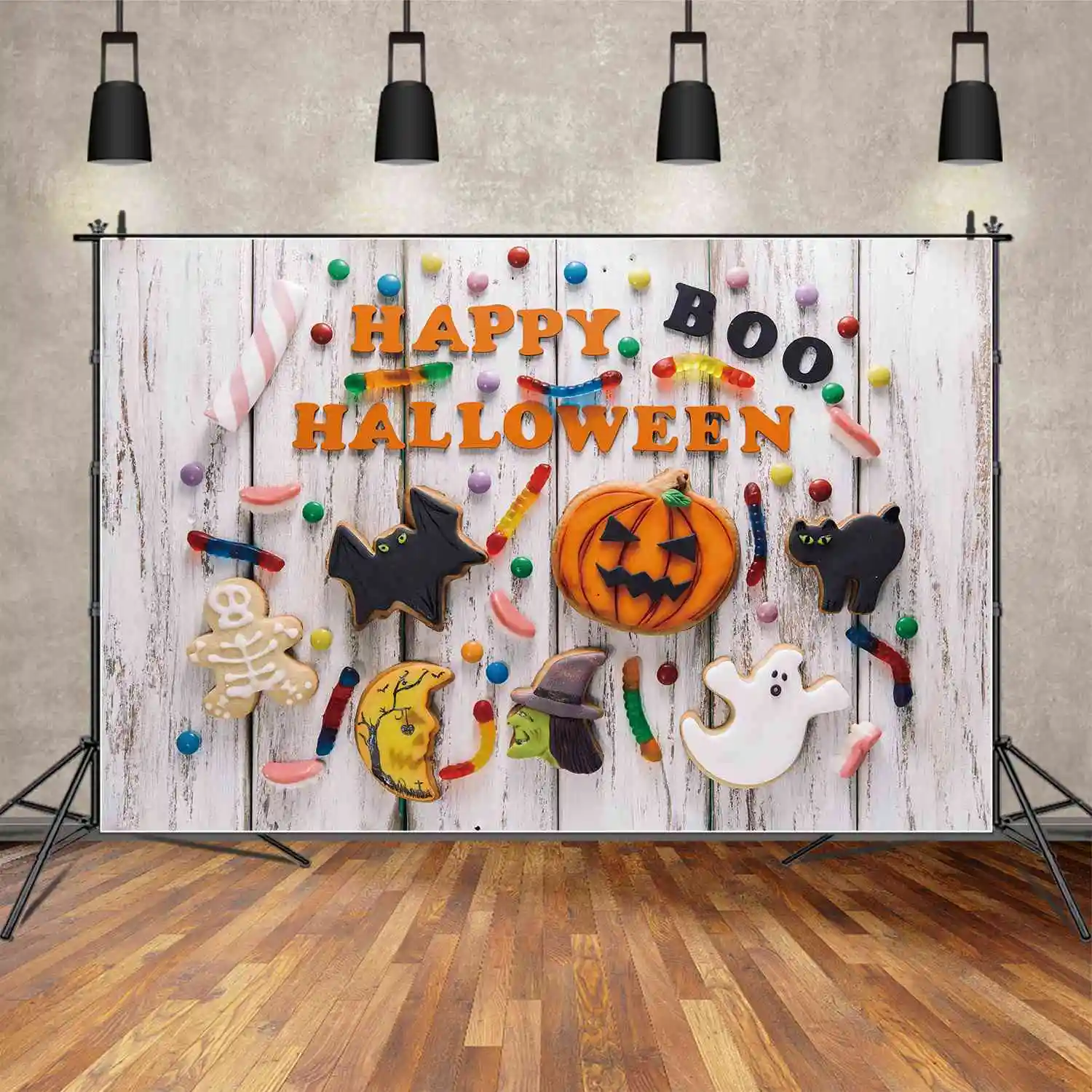 

MOON.QG Backdrop Children Wood Happy Halloween Banner Party Props Background Kids White Wooden Wall Trick Or Treat Photo Booth