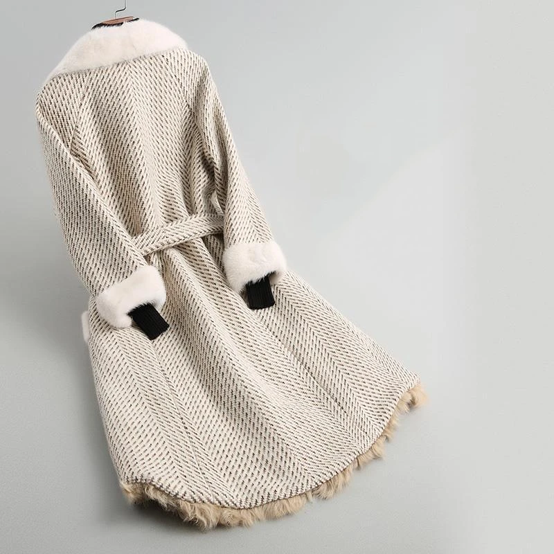 New Winter Tweed Wool Real Fur Coat Women High Quality Thick Warm Mink Fur Lace Up Medium Long Jacket Famale Clothing Parkas Top