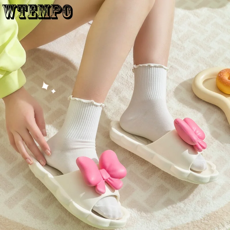 WTEMPO Cute Bow Slippers Lightweight Anti-slip Sandals Female Summer Korean Style Indoor Home Bathroom Soft Shoes Wholesale