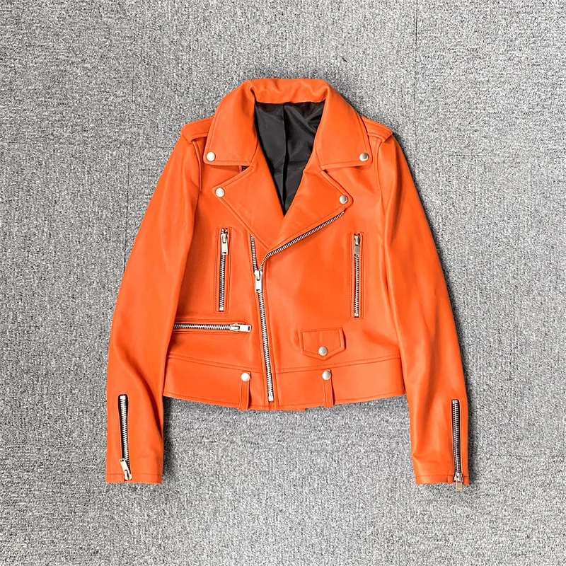2022 Women New Trend  Asymmetrical Zipper Slim Genuine Sheepskin Leather Locomotive Jacket E11