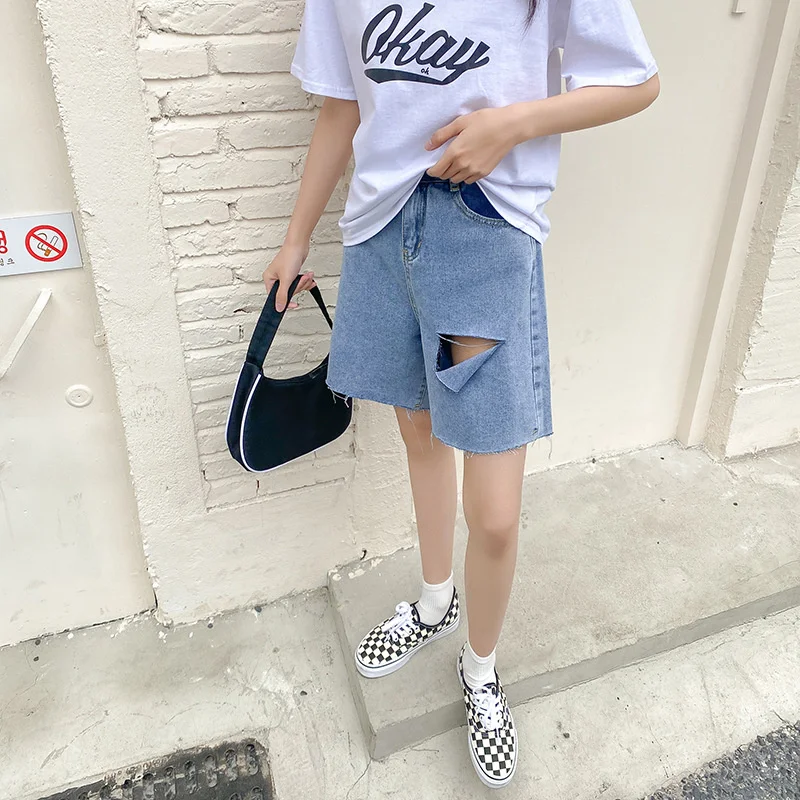 Hole Straight Jeans Women's summer Shorts korean Women's Clothes Pants Loose Cotton Blend Vintage Shorts