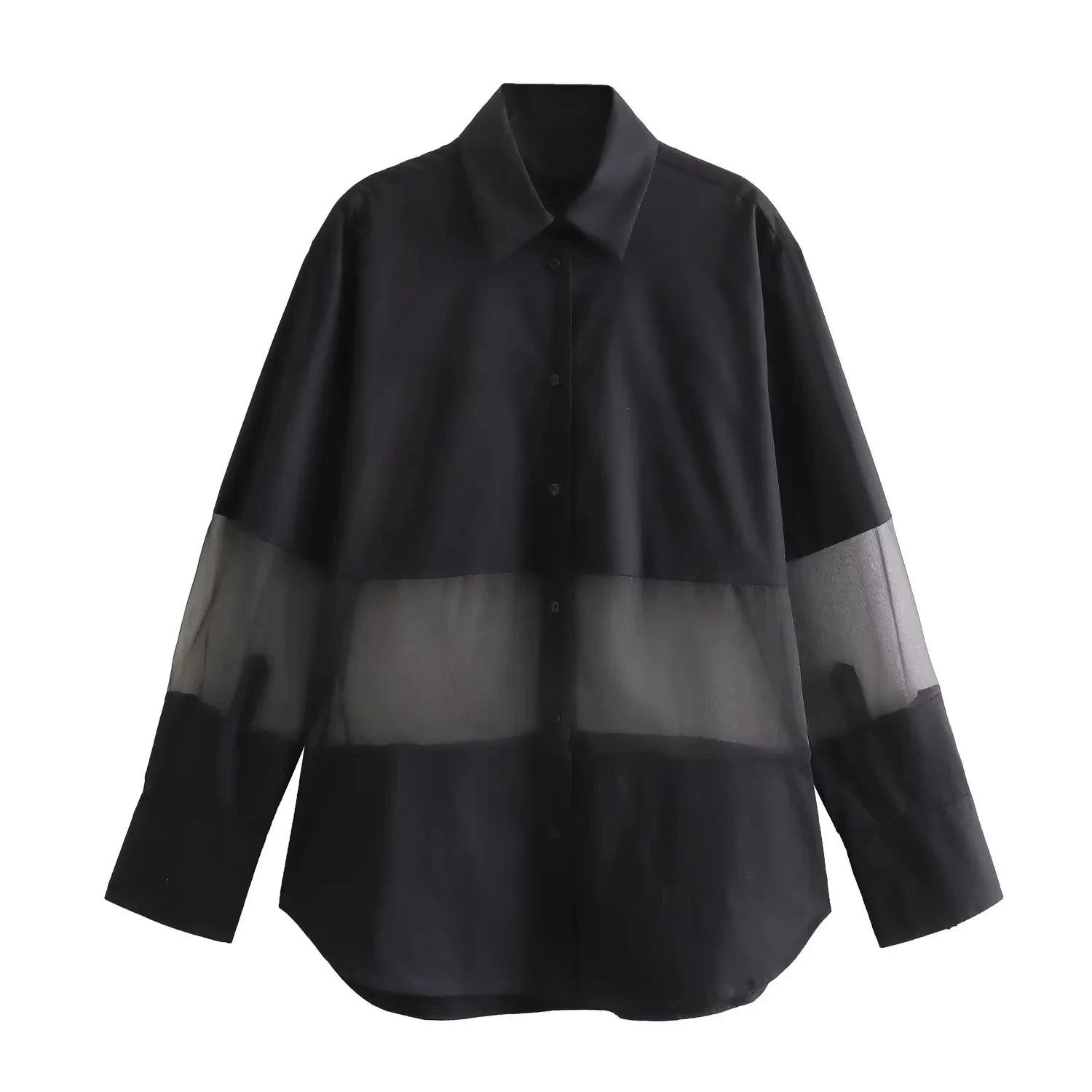

TRAF Organza Patchwork Shirt For Women Autumn Vintage Oversized Loose Shirts Woman Casual Lapel Drop Shoulder Button Up Tops New