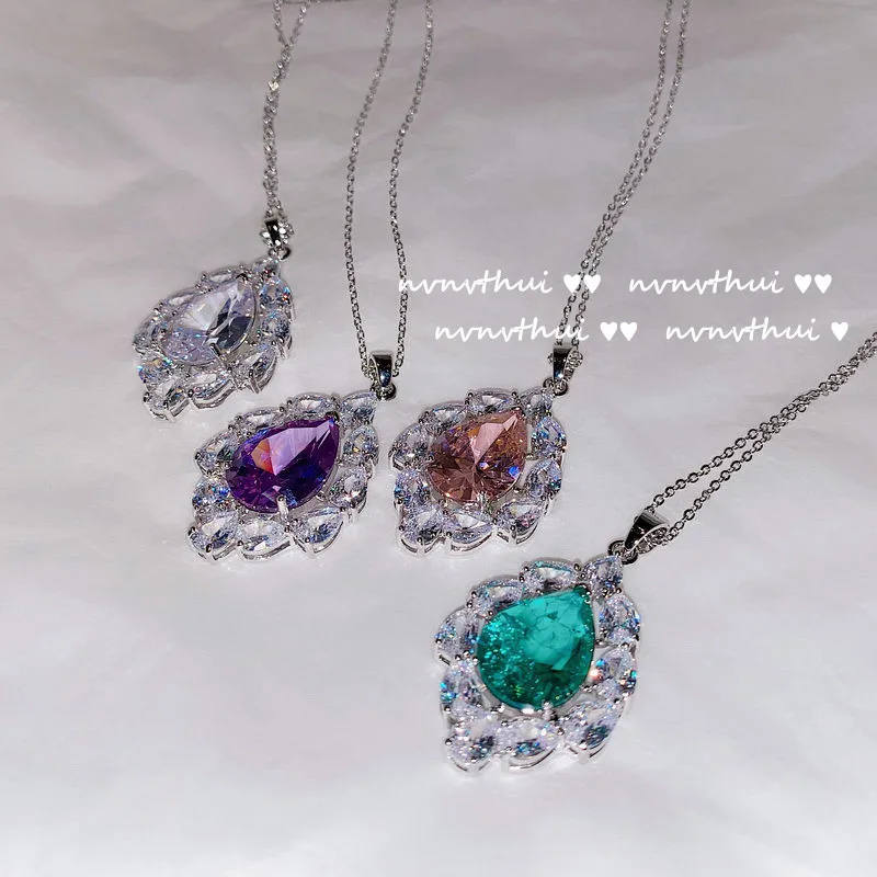 

Sparkling Water Drop Shining Diamond Gem Necklace 18K Platinum Plated Violet Crystal Zircon Pendant Clavicle Chain