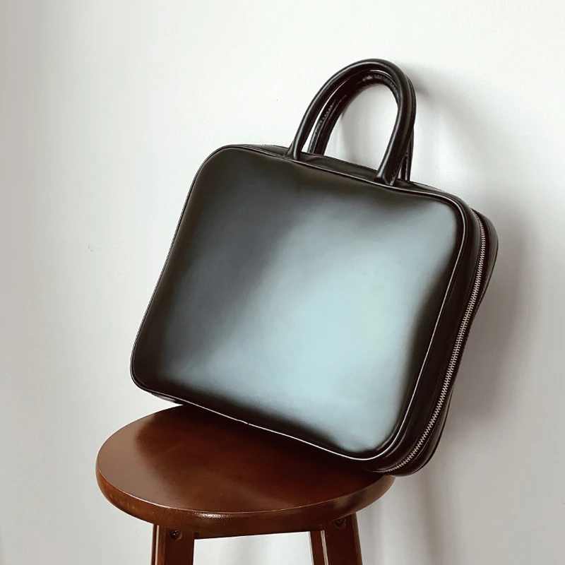 New simple handbag unisex briefcase business square slung commuter cowhide senior laptop bag fashion