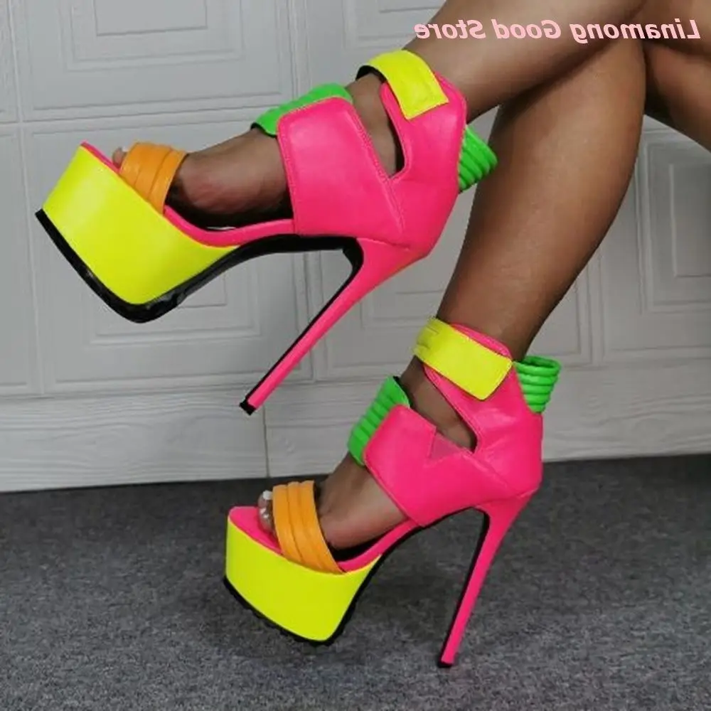 

Mixed Color Thigh High Heels Night Club Shoes Woman Thick Platform Patchwork Stage Shoes Lady Hook&Loop Stiletto Heels Sandals
