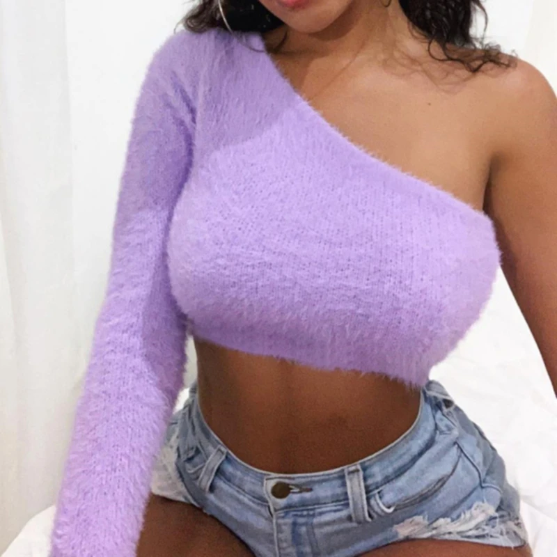 

Sexy One Shoulder Tops For Women Asymmetrical T Shirt Women Purple Womens Tshirts Casual Long Sleeve Crop Top
