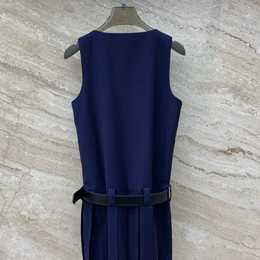 Nanfu High Board Miu System Deep Blue Dress Sleeveless Embroidery With Belt Join Plaid Skirt Spring New Style