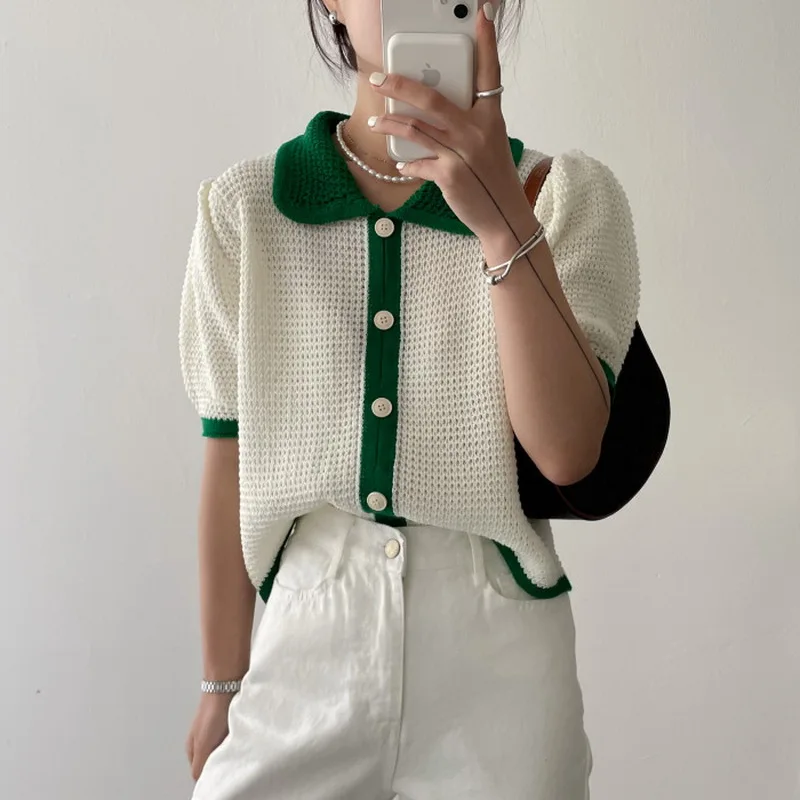 

Женский трикотажный кардиган контрастных цветов, однобортный свободный тонкий короткий топ с отложным воротником и рукавами-фонариками, в...