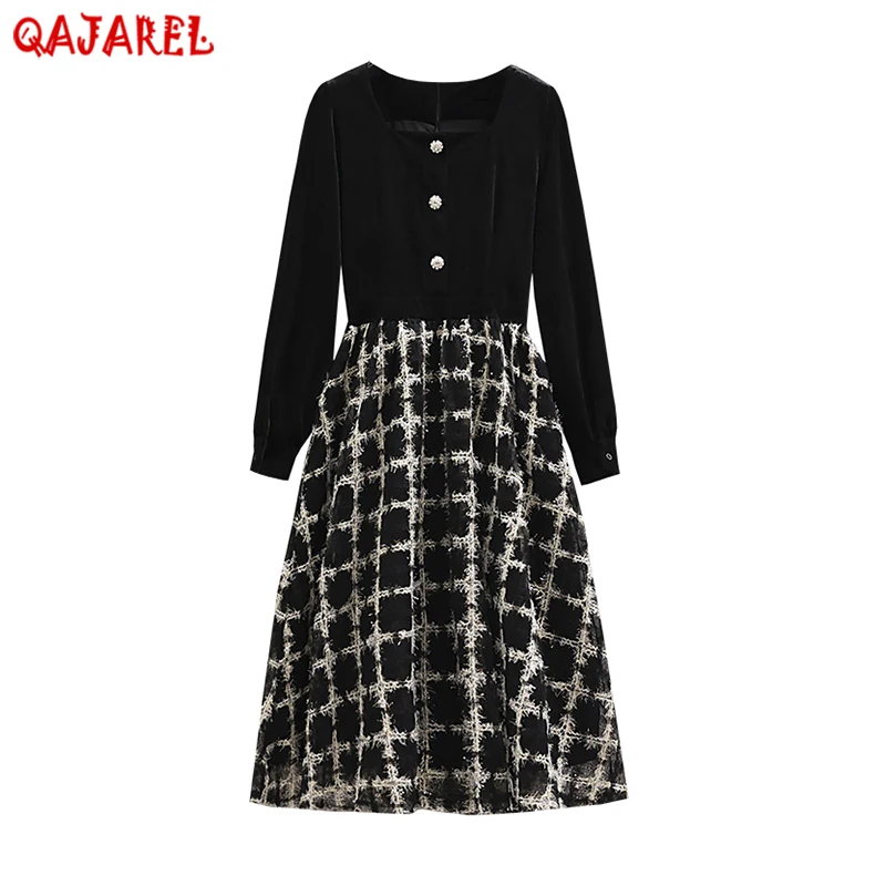 

Female Black Velvet Patchwork Plaid Midi Dress Autumn Winter New Bodycon Elegant Casual Dress 2023 Korean Vintage Party Vestidos