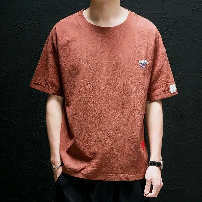 

T Shirt for Men Top Cotton Linen Streetwear Loose Man Tee Shirts Plain Summer Clothing O Neck Elastic Short Quarter Sleeve Hot S