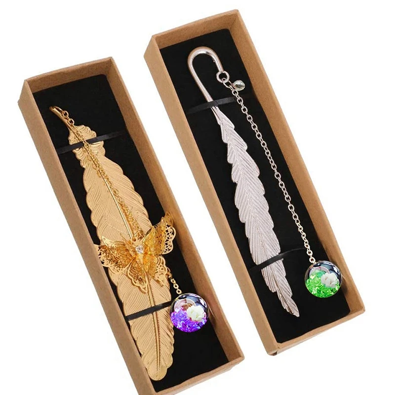 

2 Pieces Metal Feather Bookmarks, With 3D Butterfly And Glass Beads, Eternal Crystals Pendant, Gift For Friends,Students
