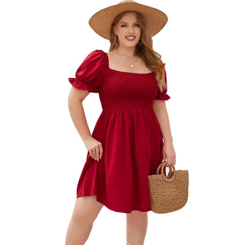Plus Size Summer Dresses 3XL 4XL Women Clothing Elegant Square Collar Solid Puff Sleeve Short Beach Party Dresses for Women 2023