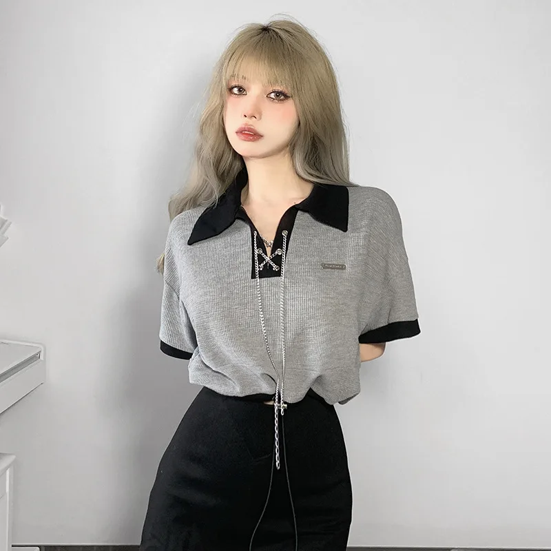 Купи Summer Street Hot Girl Lapel Loose Short-sleeved T-shirt Women's Drawstring Waist Hip-hop Dance Costume Tops за 2,023 рублей в магазине AliExpress