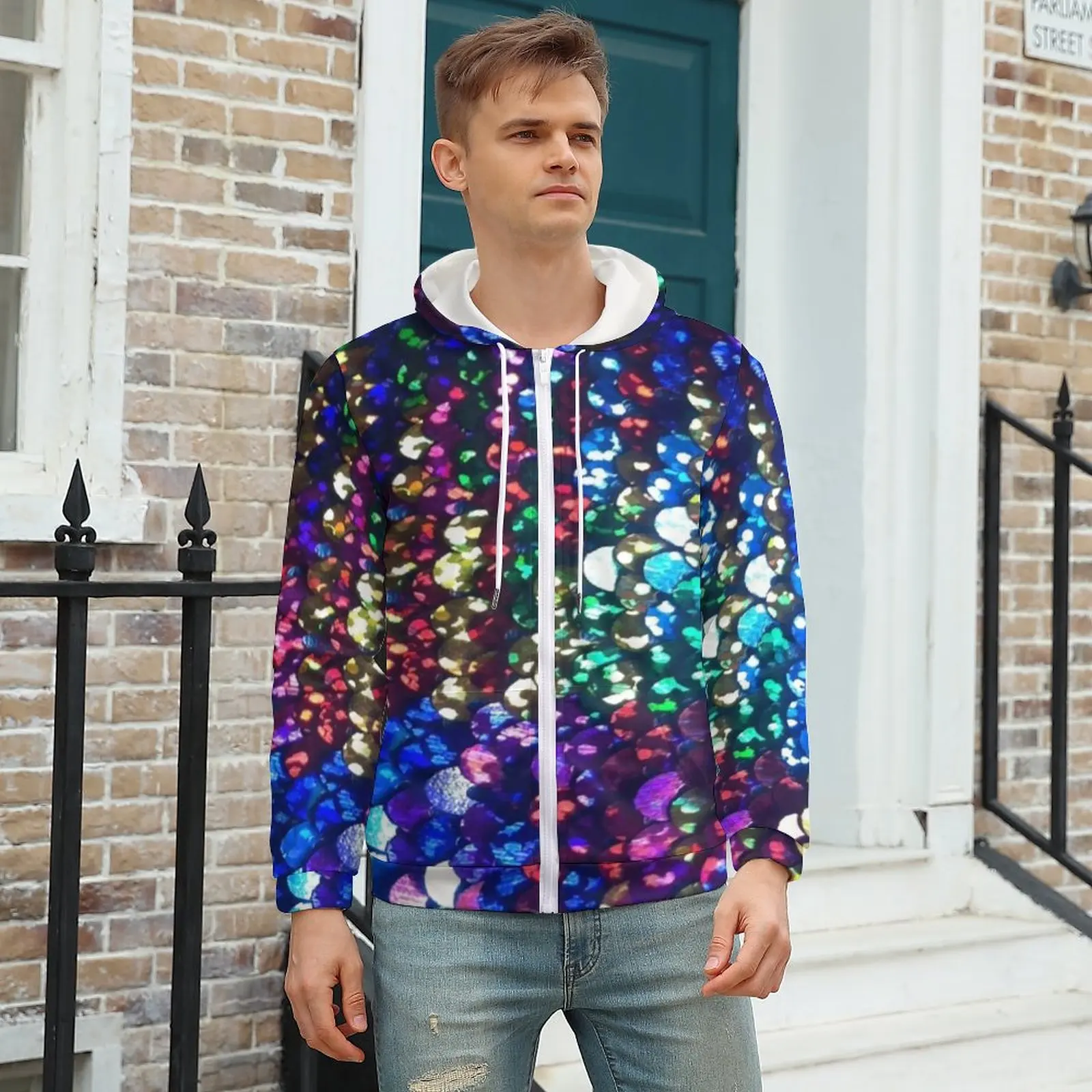 

Colorful Sequins Hoodies Sequin Wallpapers Winter Polyester Hoodie Cool Zip Up Hoodie For Men Over Size