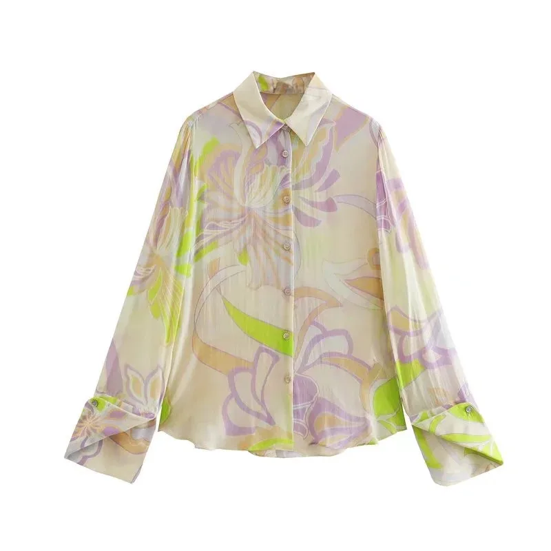 New Satin Print Sleepwear Women's Pyjama Suit Long Sleeve Wide Leg Pants Female Trousers Suit Silk Loose Luxury Pajama For Lady